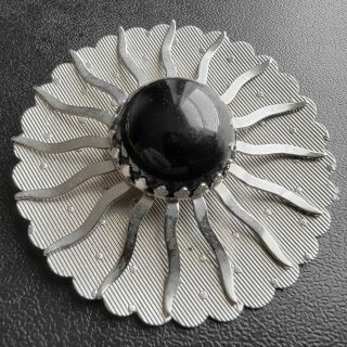 Signed Sarah Cov Vintage Silver Tone Flower Sun Onyx Black Lucite Brooch Pin 171
