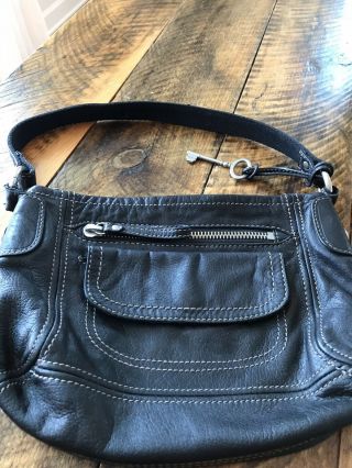 Fossil Long Live Vintage Black Leather Bag Purse Buckle With Key