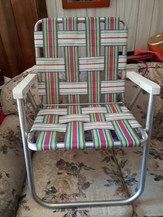 Vintage Folding Aluminum Webbed Patio Lawn Chair Pink White Yellow Teal Blue