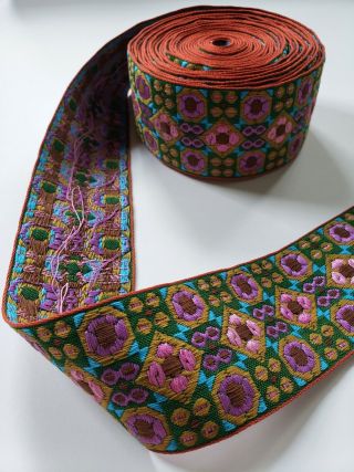 Vintage Geometric Floral Multi - Colored Woven Brocade Ribbon 2.  75 Yards