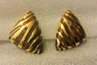 Vintage 80s Huge Statement Brown Enamel Gold Zebra Tiger Triangle Clip Earrings