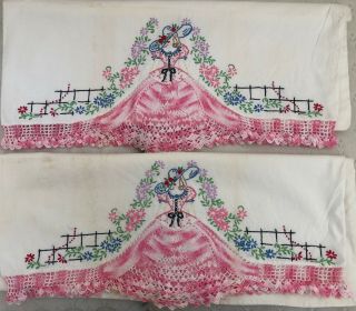 Vintage Lady Garden Girl Southern Belle Embroidered Crocheted Pillowcases