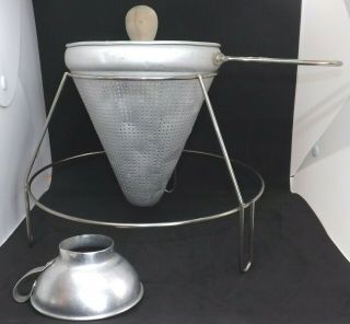 Vtg Aluminum Food Mill Strainer Cone Sieve Wstand & Wood Pestle & Canning Funnel