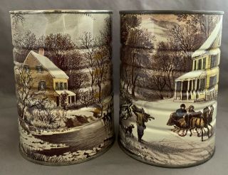 (2) Vintage Maxwell House Coffee Cans Tins Currier & Ives Winter No Lid