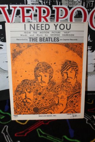 Beatles John Van Hamersveld 1968 I Need You Sheet Music C/o Charles Hansen Rare