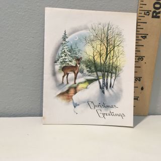 Vtg Christmas Card Deer Winter Snow Scene Stream Sunset