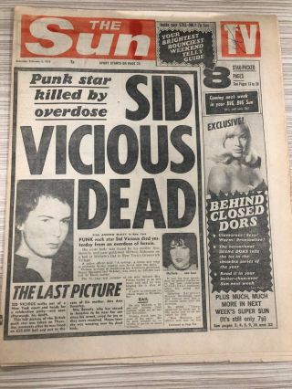 Ultra Rare Sid Vicious Dead 1979 Sun Complete Newspaper - Sex Pistols