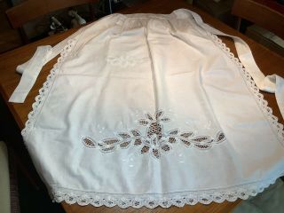 Vintage Long Victorian Edwardian White Work Half Apron W/ Lace Edge And Inset