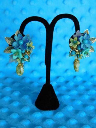 Vintage Colleen Toland Earrings Blue Green Floral Flowers