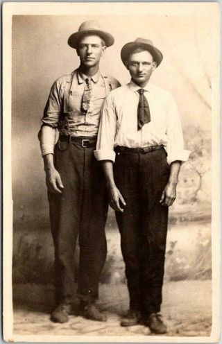 Vintage Rppc Studio Real Photo Postcard Two Men In Hats " Clarence Wasson " C1910s