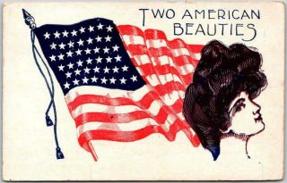 Vintage 1910s Wwi Patriotic Postcard " Two American Beauties " U.  S.  Flag /