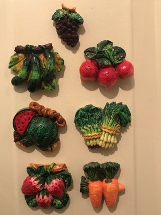 Set Of 7 Vintage Fruit Veggie Vegetable Magnets Refrigerator Plastic Colorful