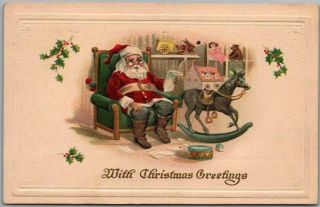 Vintage 1915 Christmas Greetings Postcard Santa Claus In Workshop / Reading List