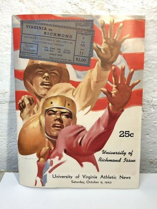 Rare 1943 University Of Virginia Vs Richmond Football Program Ww2 Vtg