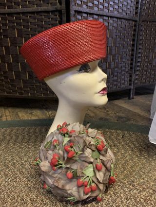 Vintage Ladies Hats Red Straw Pill Box/ Red Flower Buds Amy York Label