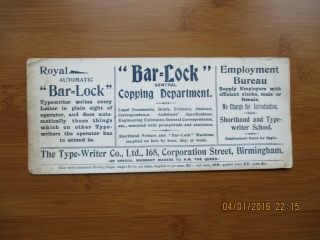 Vintage Advertising Card Printed Blotting Paper Bar Lock Typewriter Birmingham