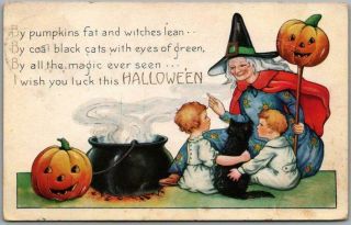 Vintage Whitney Halloween Postcard With W/ Red Cape & Jol On Stick / Children