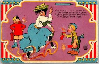 Vintage 1908 Fourth Of July Patriotic Postcard " Ye Spit Devil Is A Wily Beast "