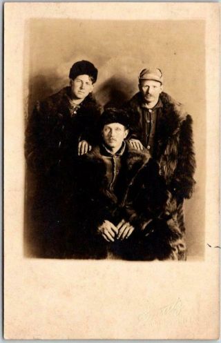 Vintage 1910s Rppc Studio Real Photo Postcard / 3 Men In Fur Coats /