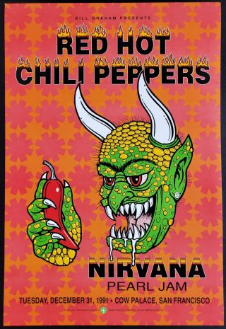 Nirvana Concert Poster Pearl Jam Rhcp First Printing Sf Bgp - 51 1991