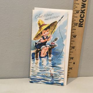 Vintage Birthday Straw Hat Card Little Boy Fishing Worms W/ Envelope