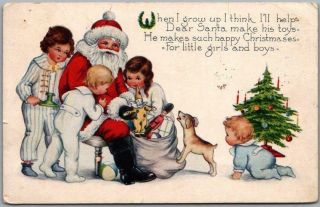 Vintage 1924 Whitney Christmas Postcard Santa Claus W/ Children & Bag Of Toys