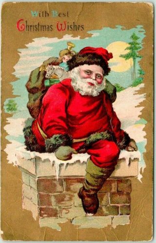 Vintage 1909 Christmas Embossed Postcard Santa Claus In Red Suit / In Chimney