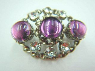 Vintage Brooch Signed Made In Austria Oval W/ 3 Purple Cabochons & Rhinestones