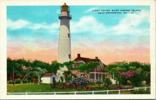 Vintage Linen Postcard - Light House,  Saint Simons Island Near Brunswick Ga