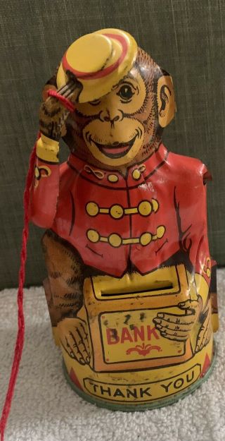 Vintage J Chein Metal Animal Toy Tin Litho Organ Grinder Monkey Coin Bank