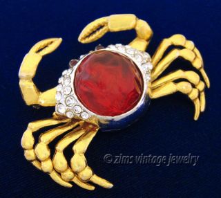 Vintage 1950’s Gold Rhinestone Crab Red Lucite Jelly Belly Figural Pin Brooch