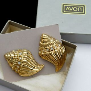 Vintage Avon Kjl Kenneth Jay Lane Sea Shell Rhinestone Pierced Earrings W/ Box