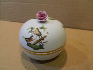 Herend Rothschild Porcelain Hand Painted Round Powder Box Rose Finial Vintage