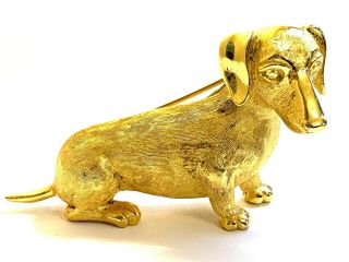 Vtg Signed Crown Trifari Gold Tone Dog 3d Pin Brooch Figural Dachshund Puppy