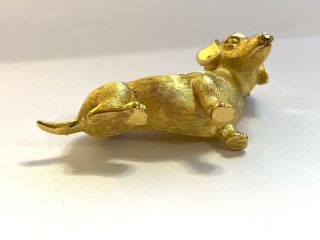 Vtg signed CROWN Trifari GOLD tone Dog 3D Pin BROOCH figural Dachshund PUPPY 2