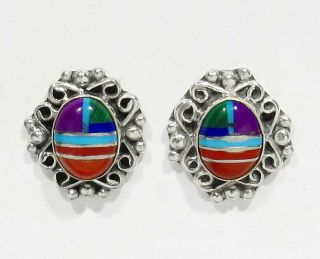 Vintage J.  Booqua Zuni 925 Silver Turquoise Coral Sugulite Lapis Inlay Earrings