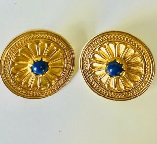 Vintage Wag Mma Metropolitan Goldtone Greek Rosette Blue Stone Pierced Earrings
