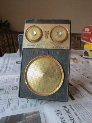 Vintage Zenith Transistor Radio Model Royal 500 Black Gold Trim For Rehab Not