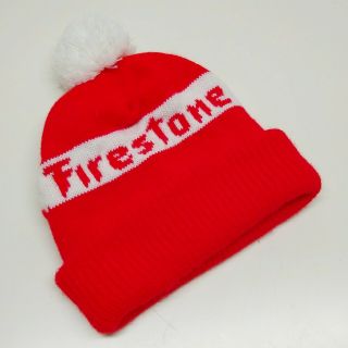 Vintage Firestone Tires Winter Knit Stocking Cap Pom Hat Beanie Red Rubber Akron