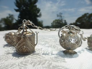 Vtg Sterling Silver - Portugal Open Work Filigree Larger Charm Bracelet W/charms