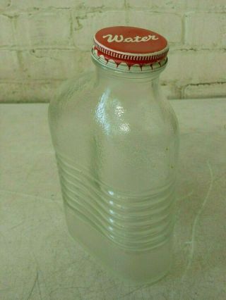 Vintage 8 1/4 " Anchor Hocking Ribbed Glass Refrigerator Water Bottle W/red Lid