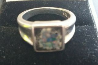 Vintage Pretty Silver Hallmarked Ring With Mosaic Detail.  Size M.  J4