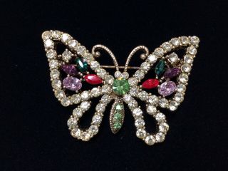Vintage High End Colored Rhinestone Butterfly Pin Brooch Estate Jewelry