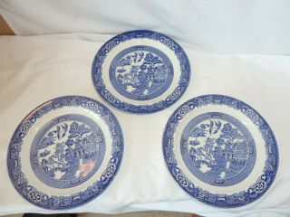 3 X Old Vintage Blue & White Willow Pattern Dinner Plate Wood Ware 25cm