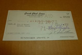 Creek Chub Bait Co.  Vintage Canceled Check Paid To The City Of Garrett 11/5/73