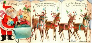 Santa Claus Reindeer Deer Sleigh Pink Aqua Vtg Christmas Greeting Card