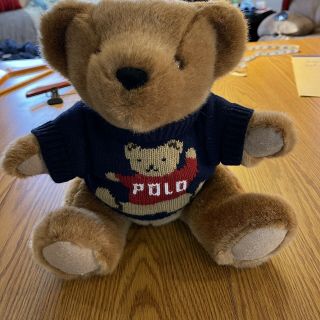 Vintage 1997 Ralph Lauren Polo Teddy Bear Plush Jointed With Blue Sweater