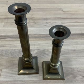 Pair Vintage 9 " & 7.  5 " Heavy Solid Brass Square Base Candlestick Candle Holders