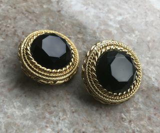 Vintage Tara Signed Costume Jewelry Clip Earrings Black Faceted Glass With Gold
