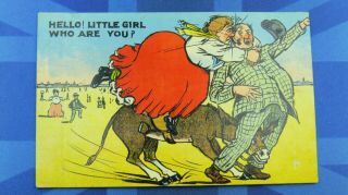 Vintage Comic Postcard 1900s Seaside Beach Donkey Bbw Fat Lady Hello Little Girl